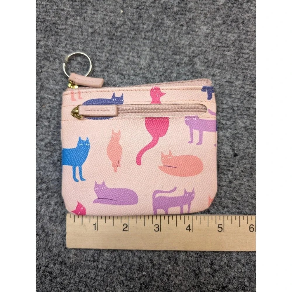 Pouch Wallet Womens One Size Pink Zip-Around Faux Leather‎ Cat Print Microfiber